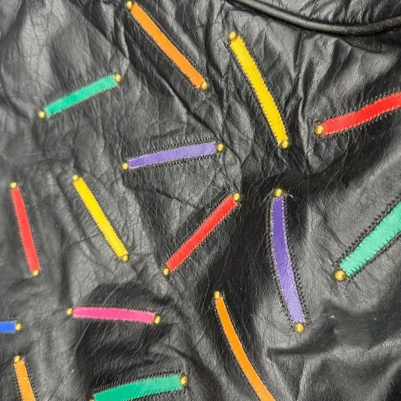 Vintage 1980s Judi Simon USA Black Leather Purse Rainbow Accents Shoulder Strap - Picture 9 of 12